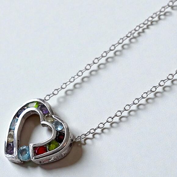 925 Silver Heart Necklace Multi Gemstone Amethyst Citrine Garnet Topaz - Picture 2 of 6